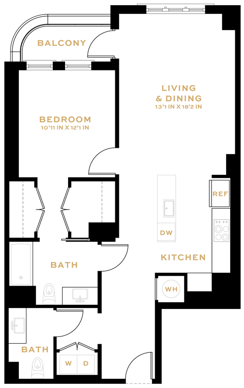 Floor plan for 1 bed, 1.5 baths, 916 sqft